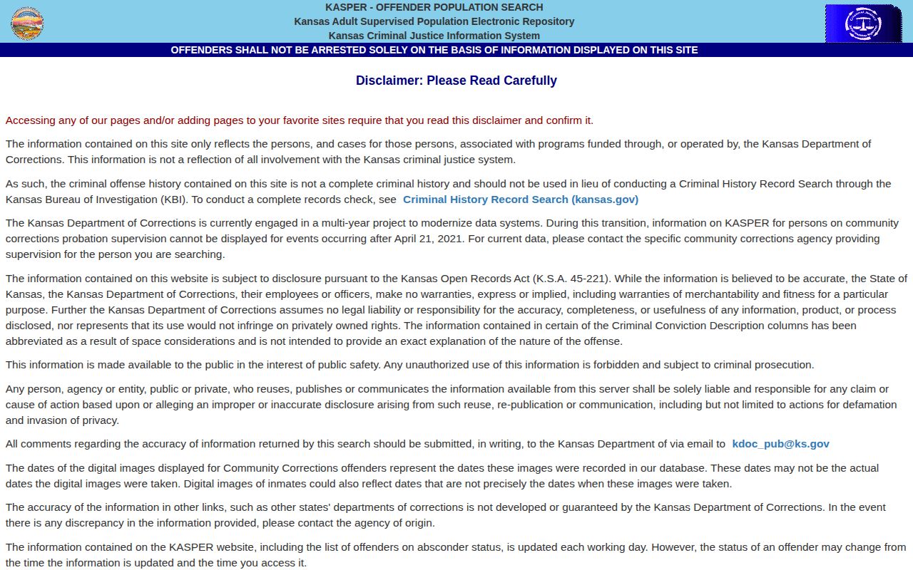 Cloud County released inmate KASPER disclaimer and Kansas corrections record search